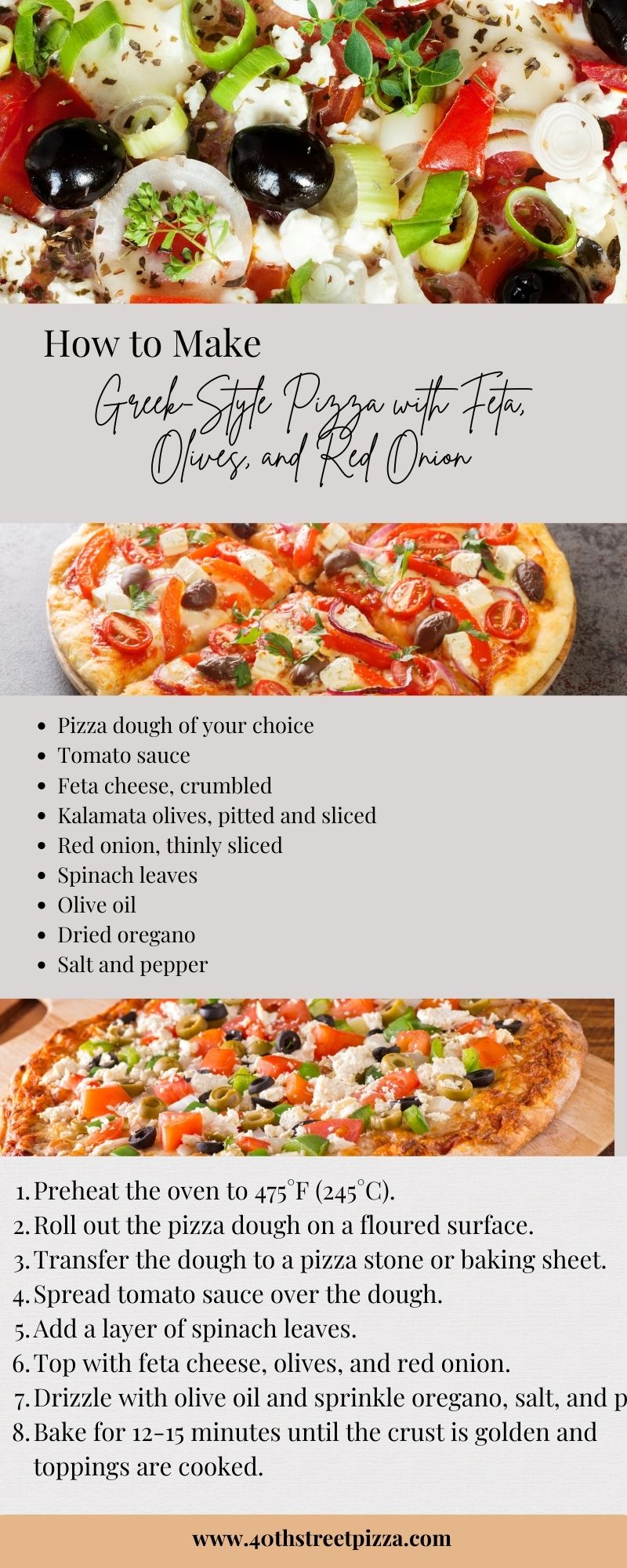 Greek-Style Pizza with Feta, Olives, and Red Onion infographic