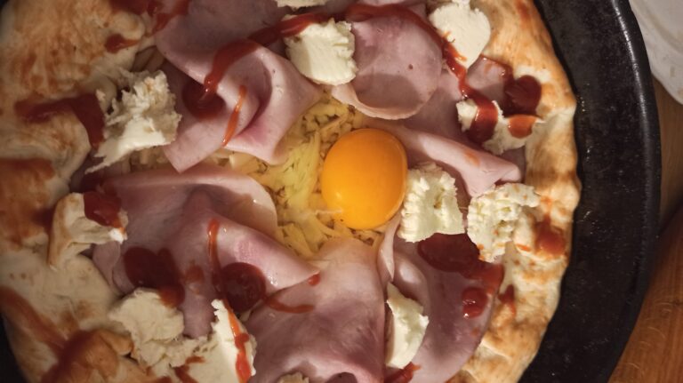 pizza toppings, cheese, bacon, eggs and sauce