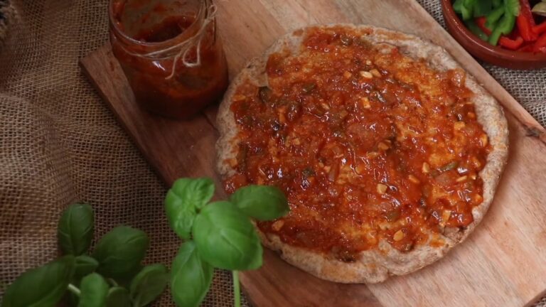 Spicy Pizza on Wooden Plate